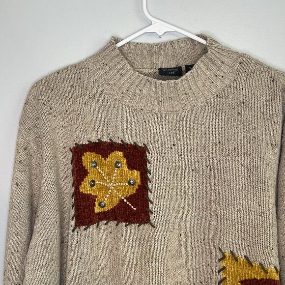 Vtg Lee Womens Silk Wool Rabbit Hair Blend Patchwork Leaves Sweater Sz L Beige - Picture 2 of 8